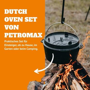 Набір Dutch Oven Petromax Feuertopf ft9-t: чавунний казан 7,5 л з плоским дном, підставкою, піднімачем кришки, пастою для догляду та скребком для гриля та відкритого вогню