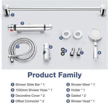 Змішувач для ванни з термостатом, накладний, хром, латунь, з кнопкою безпеки 38°C, для ванни, душ, термостат, водопровідний кран