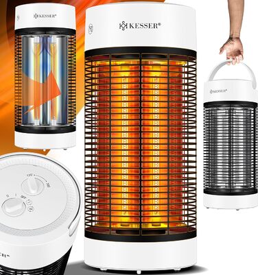 Інфрачервоний обігрівач KESSER Radiant Heater, Енергоефективний обігрівач 700 Вт Інтер'єр з коливанням на 360, Підлоговий блок, Електричний обігрівач IP55, Обігрівач для патіо (1200 Вт, білий)