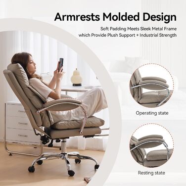 Офісний крісло EMIAH з підніжкою: ергономічний крісло для офісу та дому, з PU шкіри, підніжкою, підлокітниками та колесами. Підходить для роботи за комп'ютером та ігор. Колір: хакі. Без функції масажу.