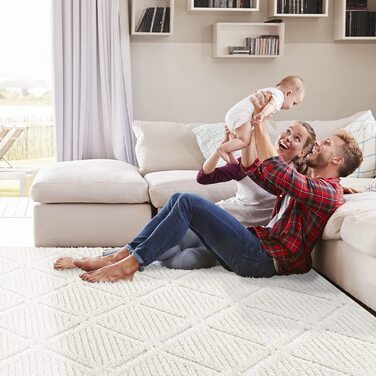Круглий килим Пайє з високим ворсом в стилі бохо - крем-120x120 см-однотонний-Сучасний ромбовидний строкатий візерунок-скандинавський пухнастий м'який-домашній килим прикраса для спальні (160 х 230 см)
