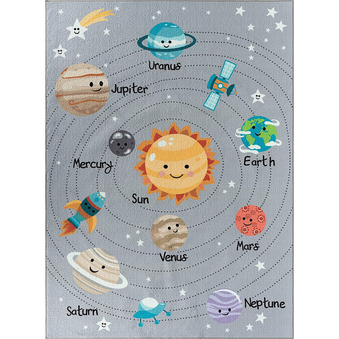 Килим Щасливе життя Дитяча, Дитячий килимок, Ігровий килимок, Можна прати, Всесвіт, Галактика, Планети, Сірий, 80 х 150 см 80 х 150 см Всесвіт-сірий