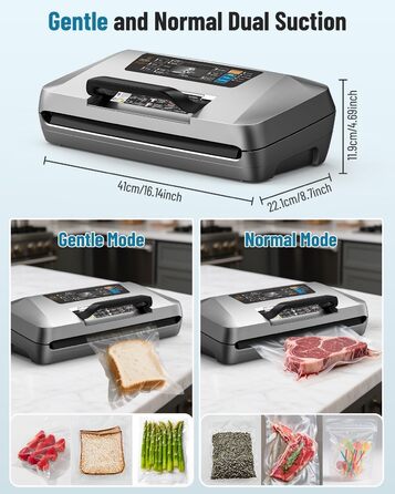 Професійний вакууматор для продуктів 12-в-1, 95кПа, з функцією безперервного вакуумування та подвійним швом, сріблястий (комплект: 1 рулон та 10 пакетів)
