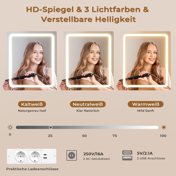 Трюмо AOGLLATI з розеткою, LED-підсвічуванням, регульованою яскравістю, шухлядами та полицями. Косметичний столик зі дзеркалом (білий)