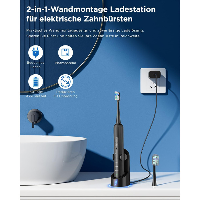 Електрична зубна щітка звукового типу для дорослих та дітей, 5 режимів чищення, 3 інтенсивності, таймер, 8 насадок, чорна, 1 шт.