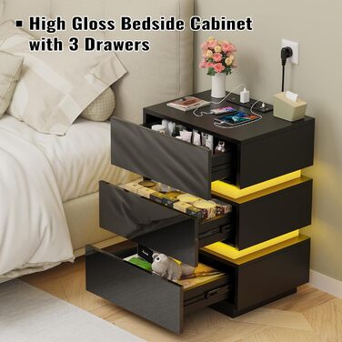 Нічний столик з розеткою та LED-підсвіткою, нічний комод з функцією зарядки та USB, 2 висувні ящики (45x35x46/62 см, Чорний)