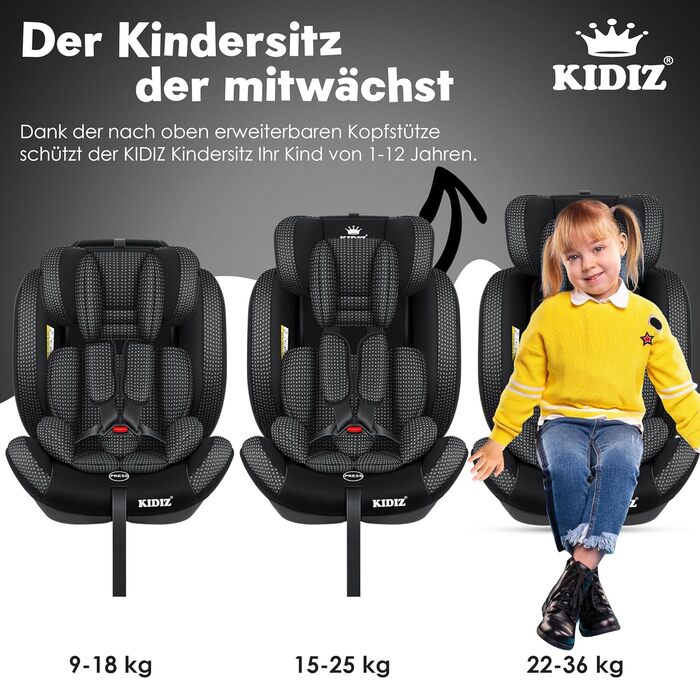 Дитяче автокрісло KIDIZ® Triangle Premium - 9-36 кг, 1-12 років, Група 1/2/3, чорний | Автокрісло, автокрісло-крісло