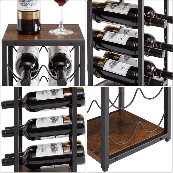 Стелаж для вина IBUYKE промисловий, 3 яруси, металевий каркас, для кухні, бару, вітальні, 6 пляшок, коричневий (TMJ904H)