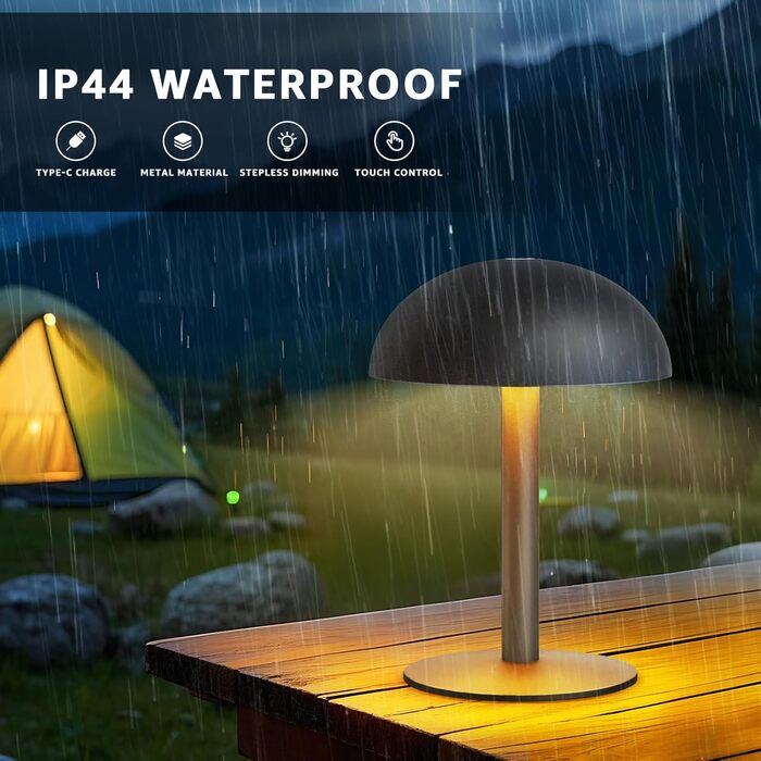 FUYO Грибний світильник без дротів - настільна лампа з сенсорним керуванням, регулюванням яскравості та функцією пам'яті, сучасний дизайн для спальні, вітальні та кемпінгу (Чорний)