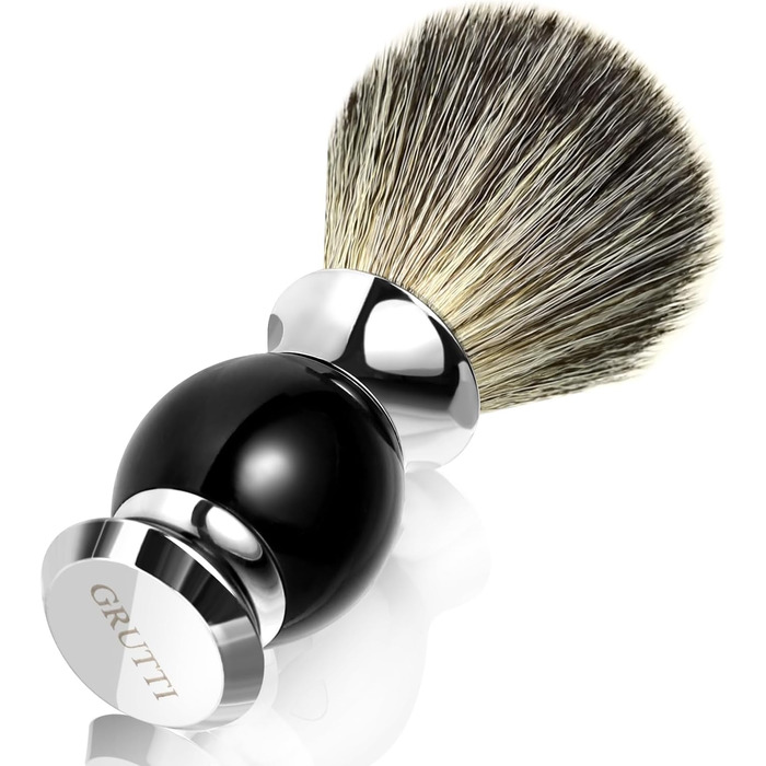 Щітка для гоління GRUTTI Badger - борсукова шерсть, ручка з дорогоцінної смоли, металеві акценти - чорний - вологе гоління зі срібною бритвою