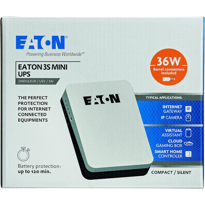 Джерело безперебійного живлення Eaton 3S Mini UPS 36 Вт 9/12/15/19 В постійного струму - ідеально підходить для захисту інтернет-маршрутизаторів (наприклад, FRITZ Box), IP-камери, домашні помічники та контролери розумного дому - White & Black Mini UPS