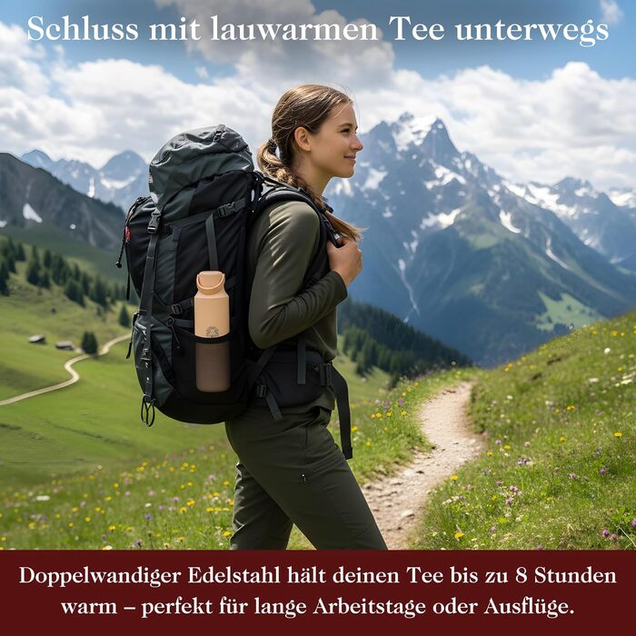 Турботермопляшка для чаю та напоїв 600 мл з нержавіючої сталі, без BPA, з ситом, персиковий колір