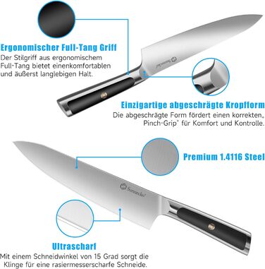 Набір ножів Sunnecko 6 шт. з підставкою – кухонний набір ножів, кухонні ножі з ергономічними ручками, гострими лезами, підставка з нержавіючої сталі та акації