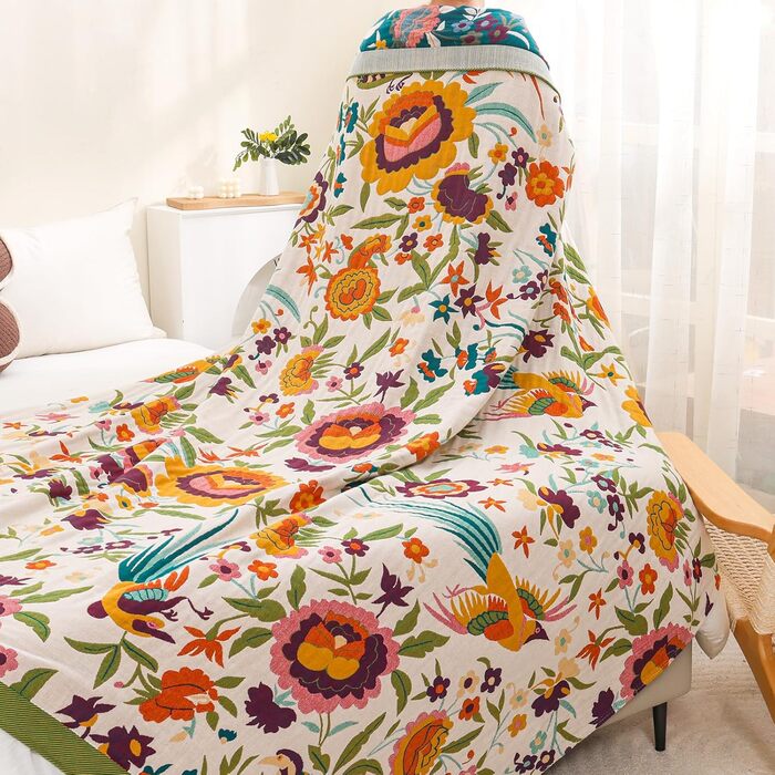 Плед Boho з 100% бавовни, стиль кантрі, 150x200 см, гранатовий колір. Плед на диван та ліжко з квітковим візерунком (квіти, птахи)