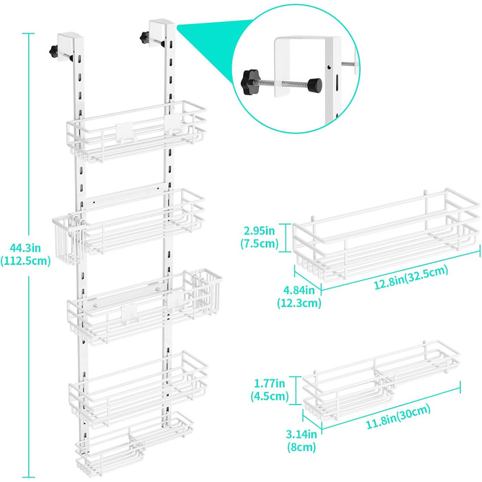 Настінна поличка для душу HapiRm з 22 гачками та 2 тримачами для зубних щіток, 5 ярусів (білий)