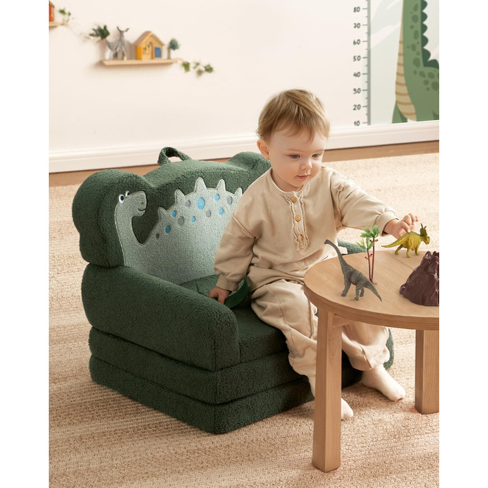 Дитяча крісло-диван Blissful Diary Kindercouch 2-в-1 з динозаврами, зручне, темно-зелене