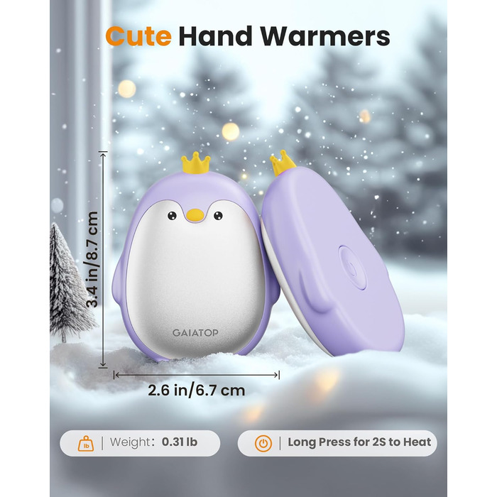 Електричні грілки для рук Gaiatop (2 шт) з 3 режимами нагріву, магнітні, портативні, багаторазові. Ідеальні для кемпінгу, піших прогулянок, полювання. Подарунок для жінок та чоловіків (фіолетові)