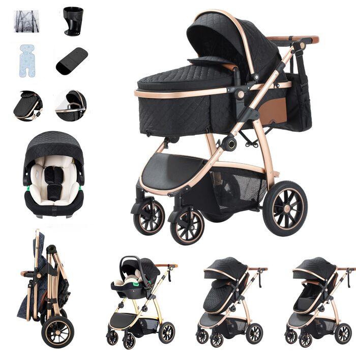 Дитяча коляска 3 в 1 Kinderwagen SK20-Schwarz: система подорожей, автокрісло, прогулянкова коляска, комбінована, з дощем, москітна сітка, алюмінієвий каркас, для дітей 0-4 роки