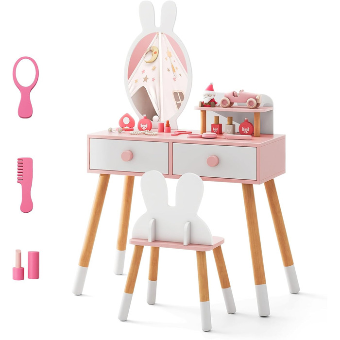Дитячий туалетний столик COSTWAY з дизайном зайчика, 2-в-1 зі дзеркалом, 2 шухляди та полиця, туалетний столик для дівчаток з масивними дерев'яними ніжками (білий)