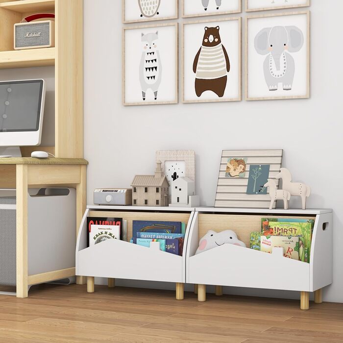 COSTWAY Скринька для іграшок з полицею, дерев'яна іграшковий ящик з кришкою, комод для іграшок, органайзер для дитячої кімнати, 60x30x44 см (Білий)