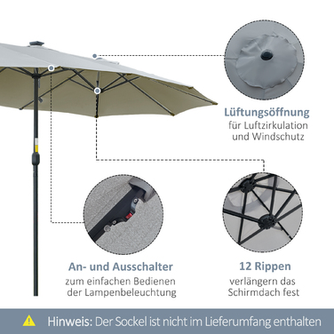 Outsunny Parasol зі світлодіодною сонячною 4,5-метровою подвійною парасолькою Garden Parasol овальної форми світло-сірого чорного кольору для патіо та саду