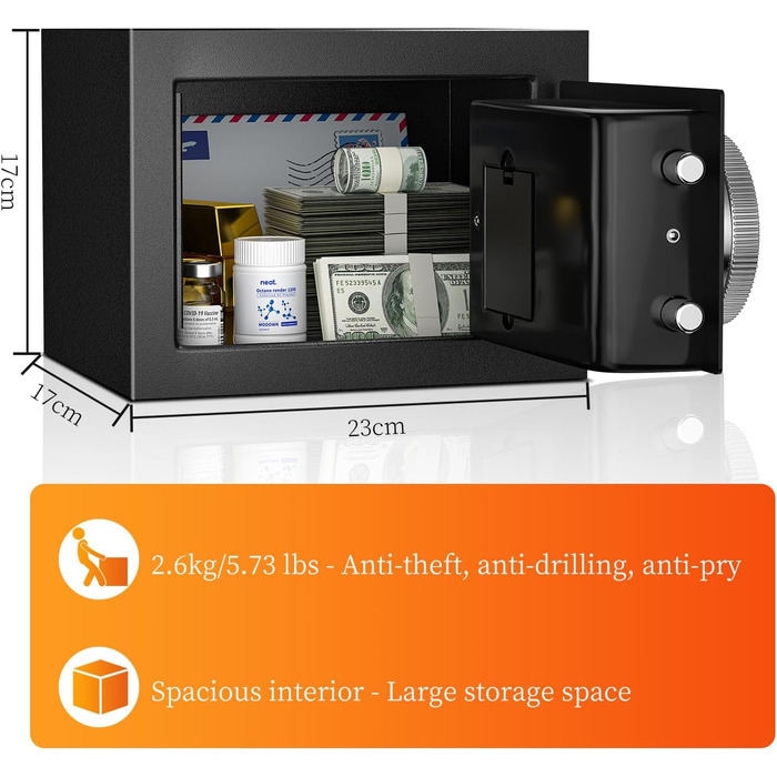 Міні-сейф WASJOYE для дому: компактний сейф з ключем та кодовим замком, 6.6L, для зберігання грошей, документів та цінностей