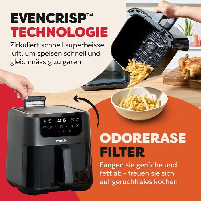 Фритюрниця повітряна Instant Pot Vortex Compact Trüffel Grau 5 л з сіткою, сімейна, 4-в-1 (смаження, сушка, випічка, підігрів), антипригарне покриття, легко миється, придатна для миття в посудомийній машині, колір: сірий