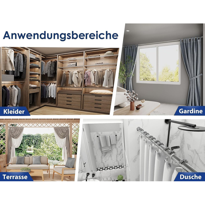 Штанга для душу без свердління 160-210 см, Ø 32 мм, штанга для завіс з кріпленнями - клямки, для ванної кімнати, кухні та міжкімнатних перегородок (210-260 см, нержавіюча сталь срібна)