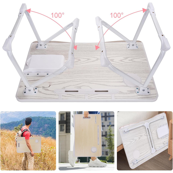 Складаний столик для ноутбука з USB-портом, ручкою, відділенням для карток, тримачем для напоїв та ящиком. Білий клен.