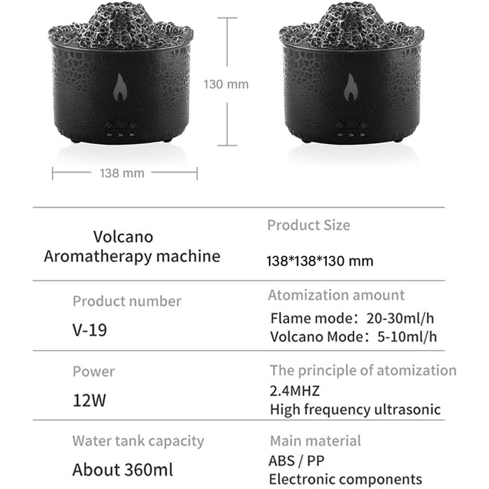 Зволожувач полум'я Вулкан Аромазволожувач Ультразвуковий масляний дифузор 360 мл Функція автоматичного відключення для дому, офісу, йоги, тренажерного залу (заломлений прозорий) Потріскування