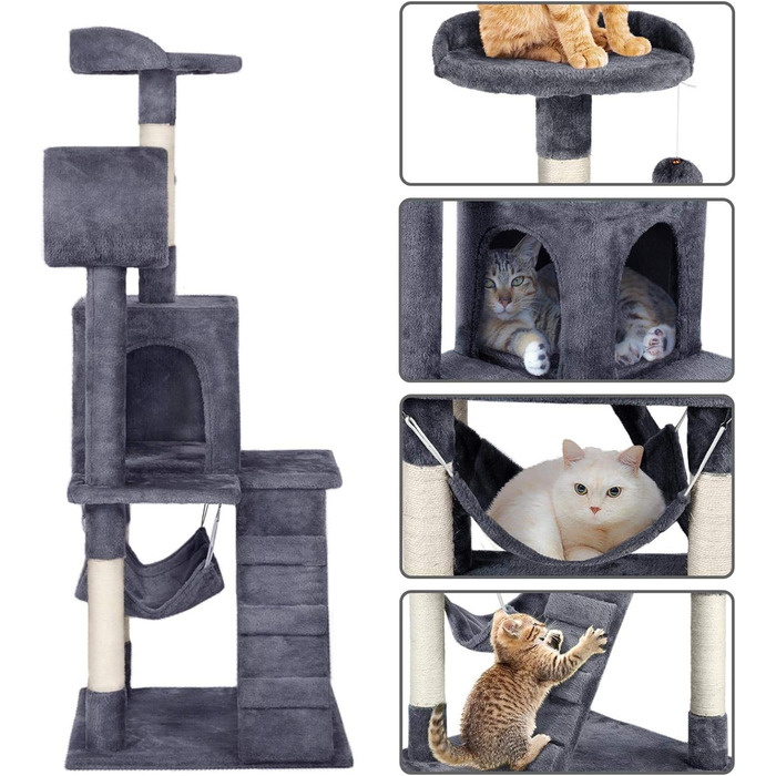 Котяче дерево Yaheetech 130 см Кігтеточка для котів Cat Tree, Котяча лазіння по дереву з оглядовим майданчиком Котяча печера Сизалеві стовбури, темно-сірі