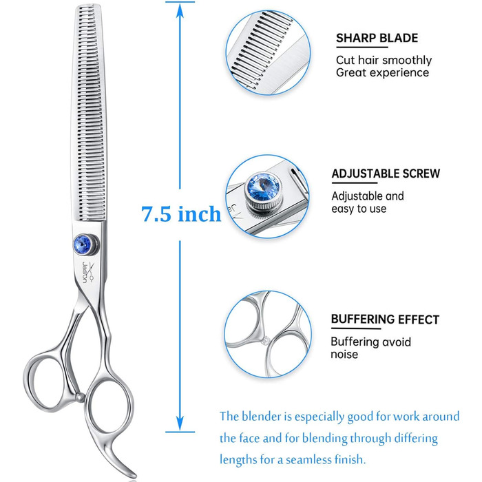 Професійні 7,5-дюймові ножиці для стрижки собак, кішок, домашніх тварин, ножиці для стрижки собак, ножиці для стрижки шерсті з регульованим гвинтом, 56 зубів, блендер, 7,5 дюйма