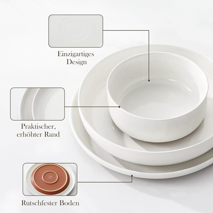 MALACASA Сервіз на 6 осіб (24 предмети) з реактивної глазурі, кераміка, білий з коричневим, для дому та ресторану