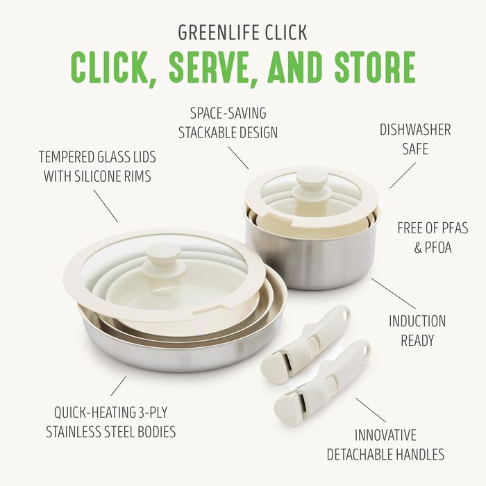 Набір кухонного посуду GreenLife 10 предметів з антипригарним покриттям, знімними ручками та функцією складання. Безпечний, не містить PFAS, підходить для індукційних плит, економія місця, сервіровочні миски.