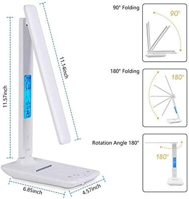 Світлодіодна настільна лампа з бездротовою зарядкою, з можливістю затемнення, USB, годинник, кольоровий нічник, РК-дисплей, температура, білий