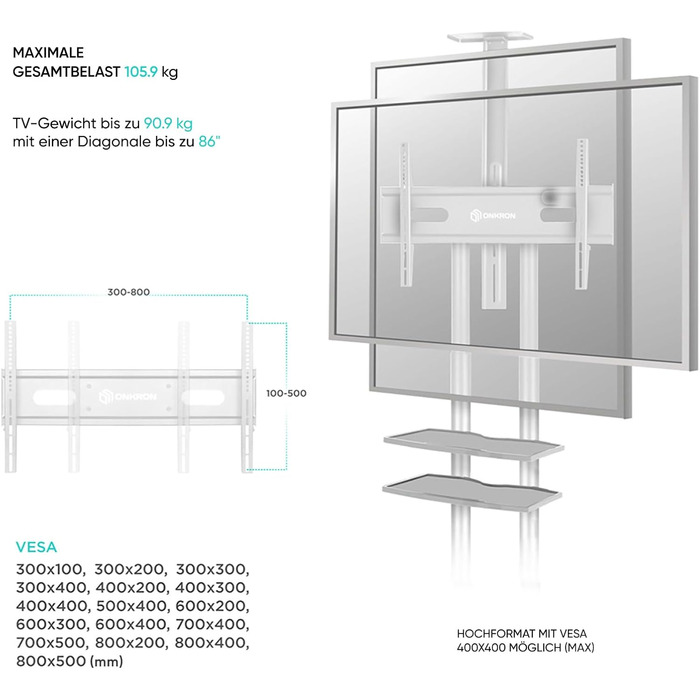 Мобільна тумба під телевізор ONKRON 50-86 дюймів, 105 кг, регульована по висоті, VESA max 800x500, біла TS1881-W