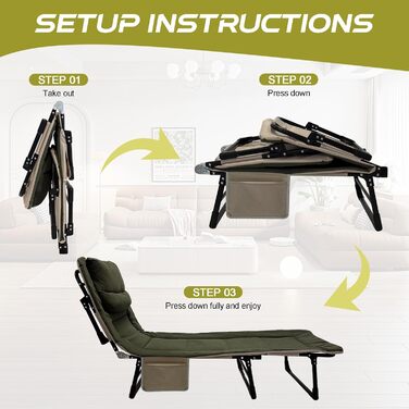 Розкладне кемпінгове ліжко XXL — Широка складана койка-розкладачка з регульованою спинкою для відпочинку, риболовлі та саду, зелена