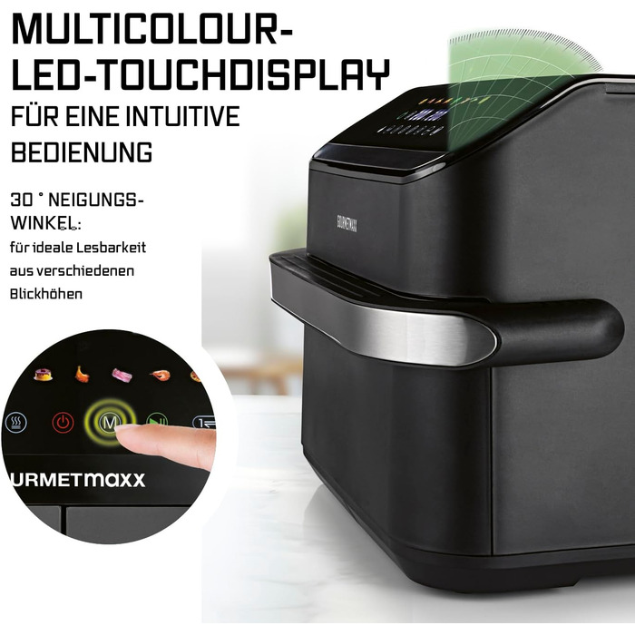 Фритюрниця повітряна Gourmetmaxx FryUp з двома камерами | 10 літрів | Чорний колір | Дисплей Touch | Економія місця