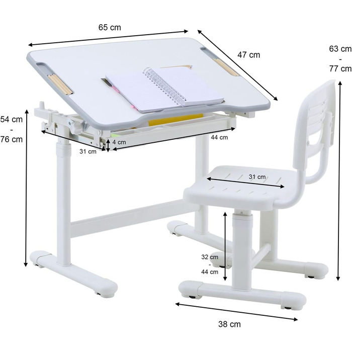 Дитячий письмовий стіл TUTTO регулюється по висоті та нахиляється зі стільцем, шухлядою, лотком для ручок, опорою для рюкзака (білий)