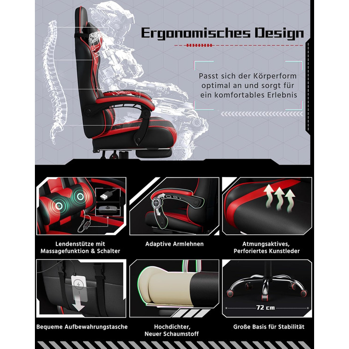 Ігровий крісло Yaheetech з масажем, регульована спинка 90-135°, комп'ютерне крісло з підніжкою, білий/червоний