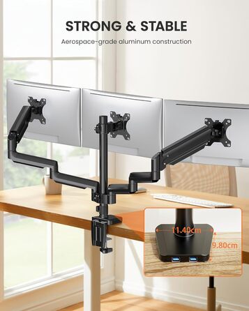 Тримач для моніторів ErGear на 3 монітори (13-27 дюймів), VESA 75/100, 2 USB, чорний