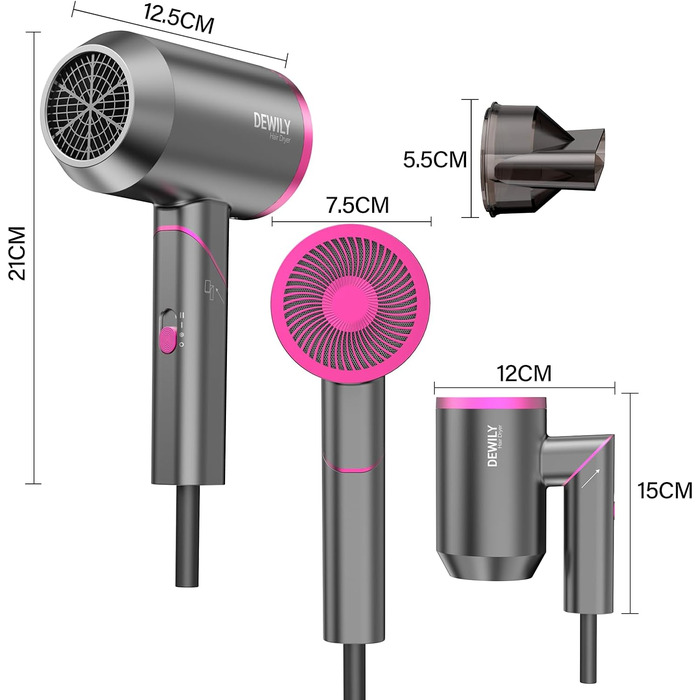 Фен для волосся Ion Фен з дифузором - Дорожній фен DEWILY Foldable Small, Фен для волосся Quiet, Фен, Фен з 3 рівнями нагріву (насадка Gray-1)