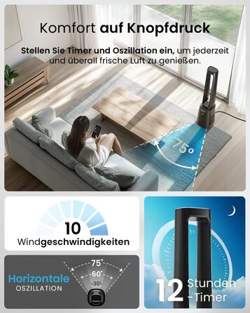 Вентилятор Pro Breeze OmniAir з очищувачем повітря, 105 см - безлопасний, осциляція 75°, пульт, HEPA 13, LED дисплей, 10 швидкостей, тихий, 5 режимів, Smart App, чорний