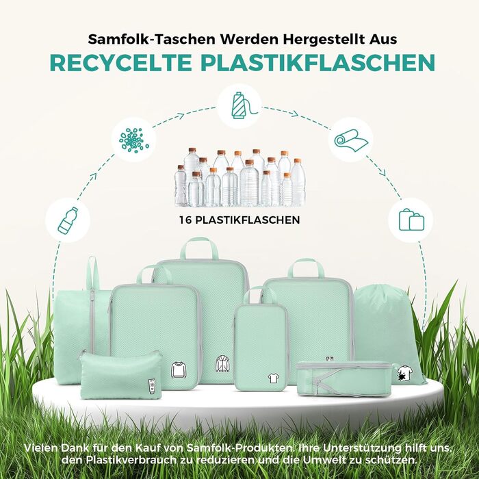 Набір органайзерів для подорожей у валізу з компресією, 8 водонепроникних пакувальних кубів для ручної поклажі та рюкзака, зелений колір