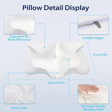 Подушка для шиї HOMCA Memory Foam, ергономічна, 3D чохол для охолодження, для всіх положень сну, 62x48/10 см