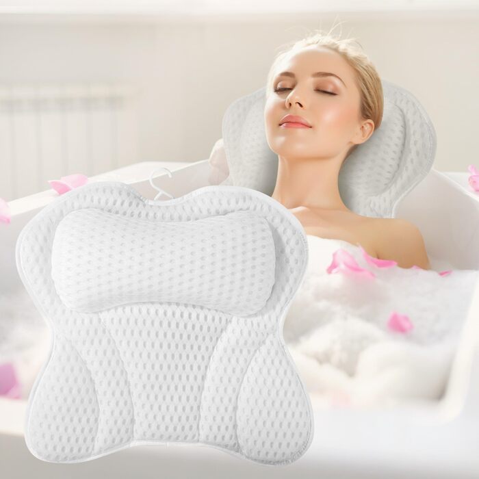 Подушка для ванни 4D сітка з присосками, біла - підтримка шиї, плечей, голови та спини для релаксації