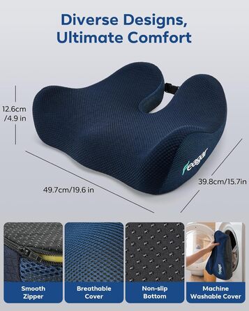 Ортопедична подушка для сидіння Feagar з Memory Foam - ергономічна подушка для офісного крісла, авто та дому - подушка для куприка, зняття напруги при тривалому сидінні, антиковзаюча (до 100 кг) (Темно-синій)