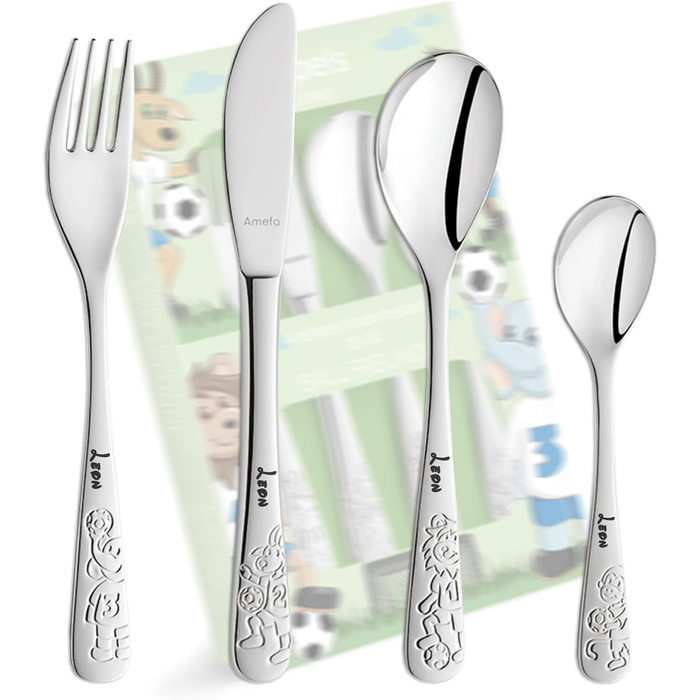 Набір дитячого столового прибору Kinderbesteck з гравіюванням 'BALLFREUNDE', 4 шт. з іменем, з нержавіючої сталі