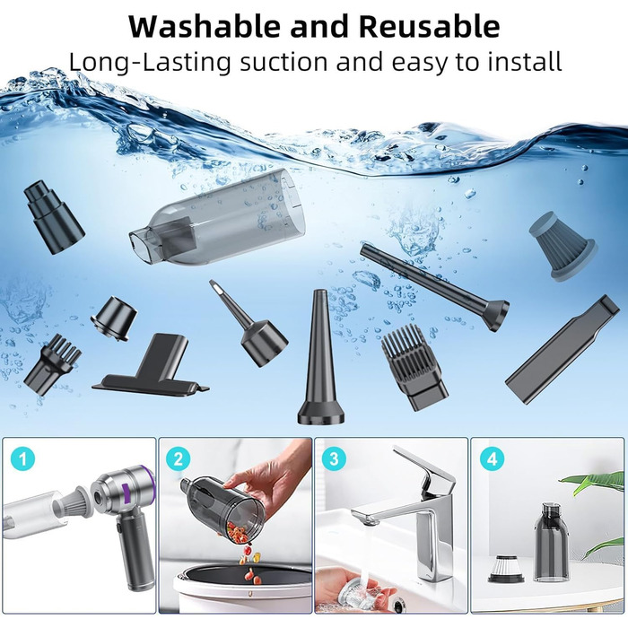 Ручний бездротовий пилосос для авто та дому, 25000 Па, з мийним HEPA-фільтром, потужний акумуляторний пилосос-продувачка, сріблястий