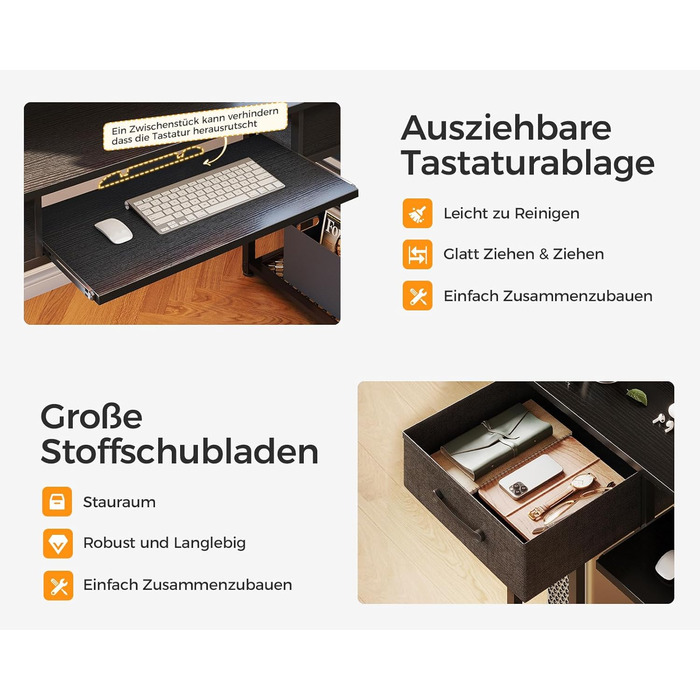 Комп'ютерний стіл ODK з ящиками 120x48 см, з полицею, для дому та офісу, чорний